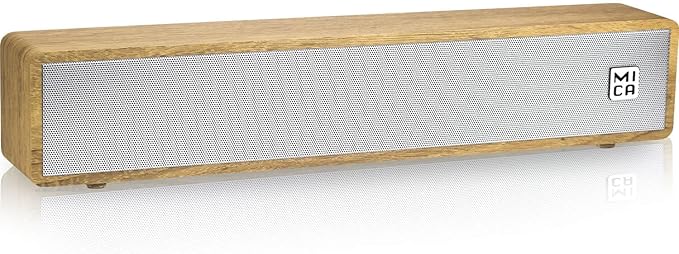 MICA Computer Speakers, Wired Computer Sound Bar, Wooden Mini Soundbar, USB Powered PC Speakers 3.5mm AUX & PC Input (Yellow)