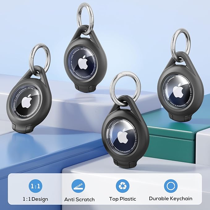 Waterproof Airtag Holder - 4 Pack Airtag Keychain Holder Compatible with Apple AirTags, Ultra Durable Anti-Scratches Protective Case with Keyring for Luggage, Backpack, Pet, Bag, Black