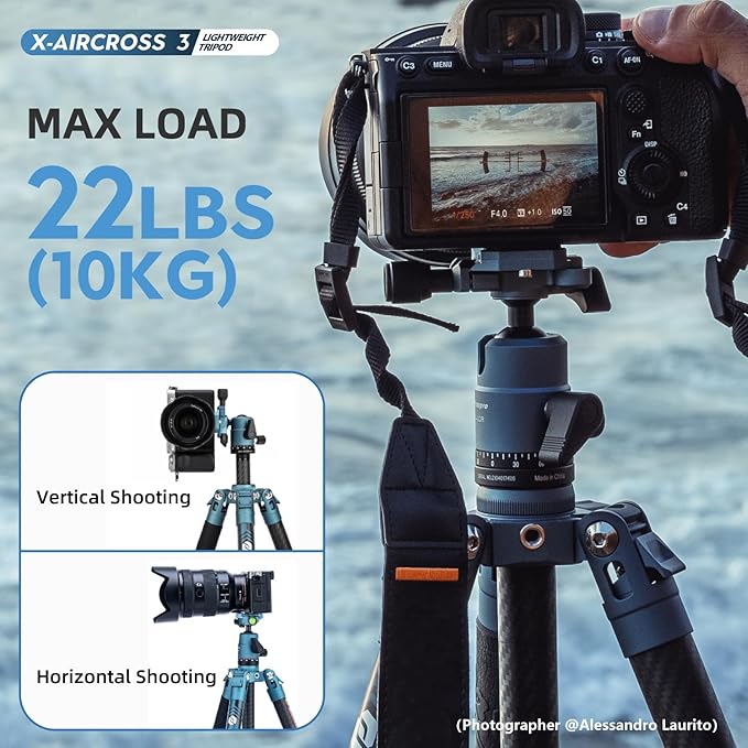 Fotopro 62 Inch Carbon Fiber Tripod for Camera Ultralight Travel Camera Tripod Max Loads Up 22lbs X-Aircross 3 Blue