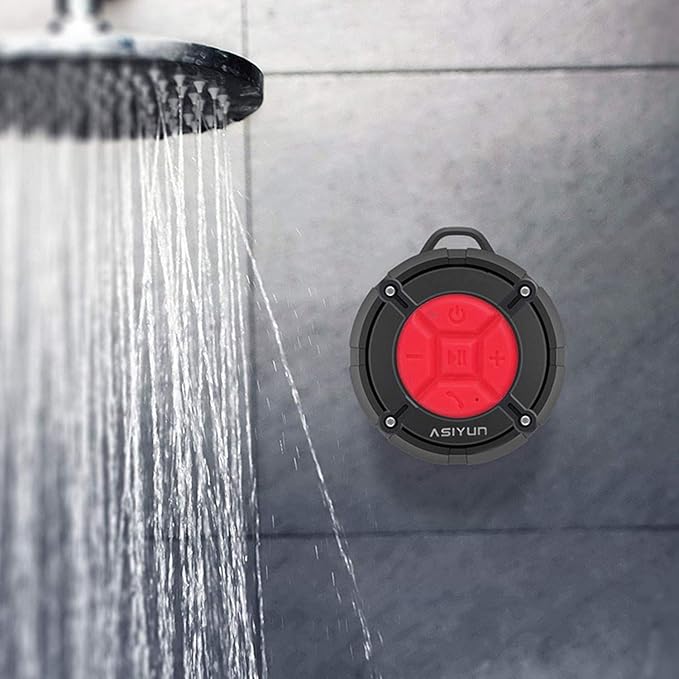 Shower Speaker, IPX7 Waterproof Bluetooth Speaker with HD Bass, Suction Cup & Durable Hook, Built-in Mic for Hands-Free Calls, Pool, Beach, Outdoor(Red)