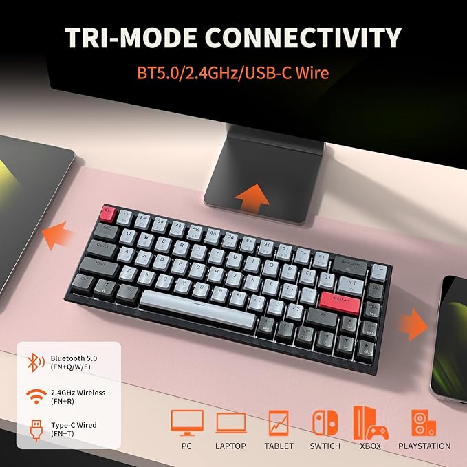 Hexgears X1 Pro Wireless Mechanica Keyboard, Hot-swappable Linear Switch Gaming Keyboard Bluetooth/2.4G/USB-C Mini Compact with Wrist Rest - Blakc/Gray