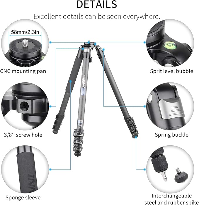 INNOREL ST324CT/ST324CF Carbon Fiber Tripod Max Height 160cm Max Load 30kg Max Tube Dia 32mm Professional Birdwatching Heavy Duty Camera Stand (Fast Flip Lock)