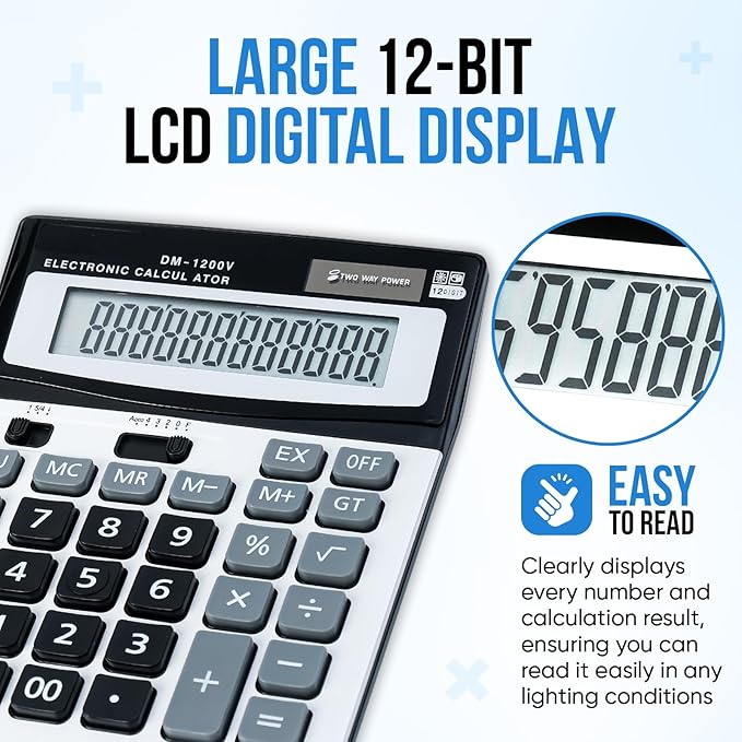 Desktop Calculator with Extra Large LCD Display - 12-Digit, Big Buttons, Dual Solar and Battery Power for Office, Financial, School and Home Use (Holifeos)