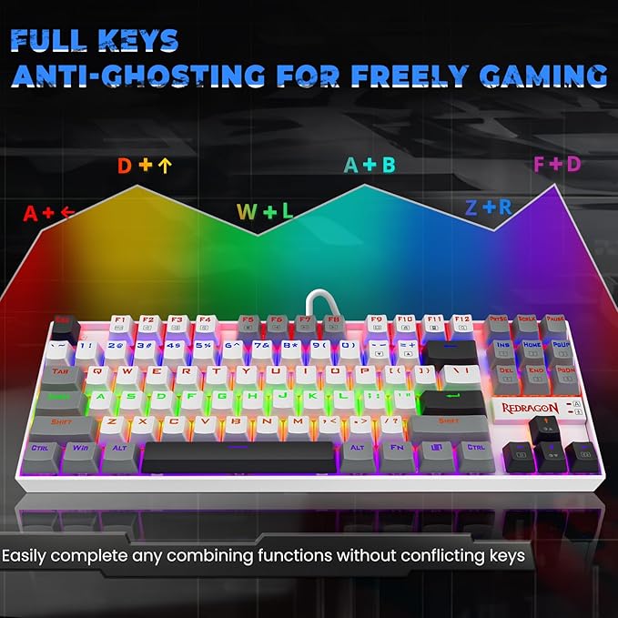Redragon K552 Mechanical Gaming Keyboard, 87-Key Compact, LED Gaming Keyboard with Red Switches, Anti-Ghosting, Metal Frame for PC Gaming & Typing, Beginner-Friendly (Polar Monolith)