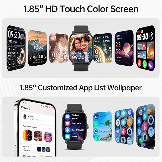 Smart Watches for Women Men with Bluetooth Call & AI Voice, 1.85" HD Fitness Tracker with Heart Rate SpO2 Sleep Monitor, 100+ Sports Modes Mini Games, IP68 Waterproof Smartwatch for Android iOS Phones