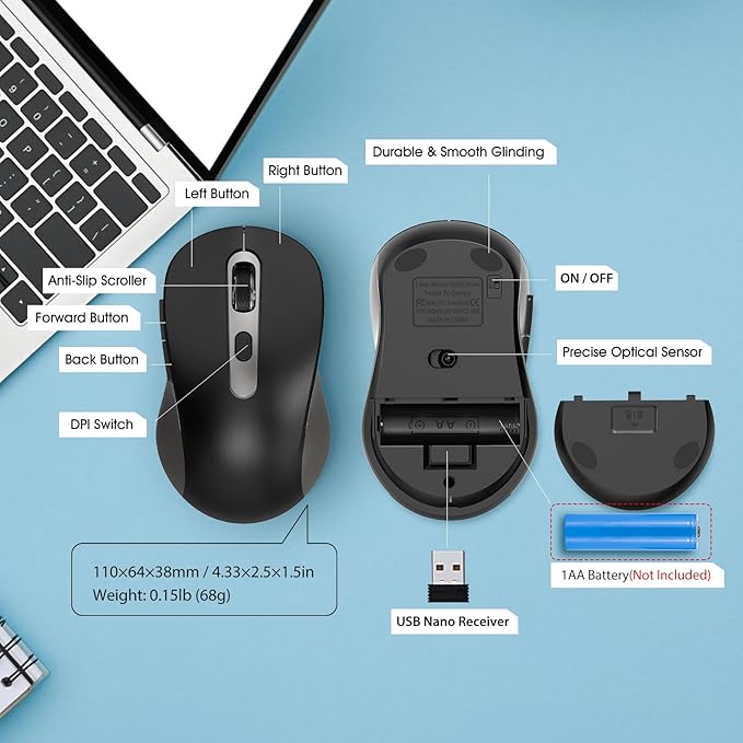 Wireless Mouse for Laptop, PC, Chromebook, Mac, MacBook, Silent Wireless Mouse with USB Nano Receiver, Side Button, 2400 DPI, Anti Slip Roller, 6 Button Ergonomics Cordless Computer Mice - Black Gray