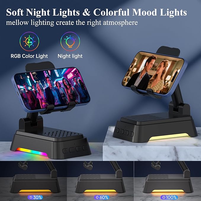 Gifts for Men Women, Cell Phone Stand with Bluetooth Speaker 5.4 and Light, Stereo Sound