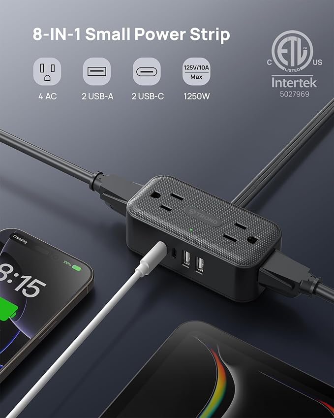 TROND 360° Rotating Flat Plug Power Strip, 3FT Extension Cord with 4 USB Ports, 4 Wide Spaced AC Outlets, Wall Mount, 900J Surge Protector for Office Travel Dorm Room Essentials, Black