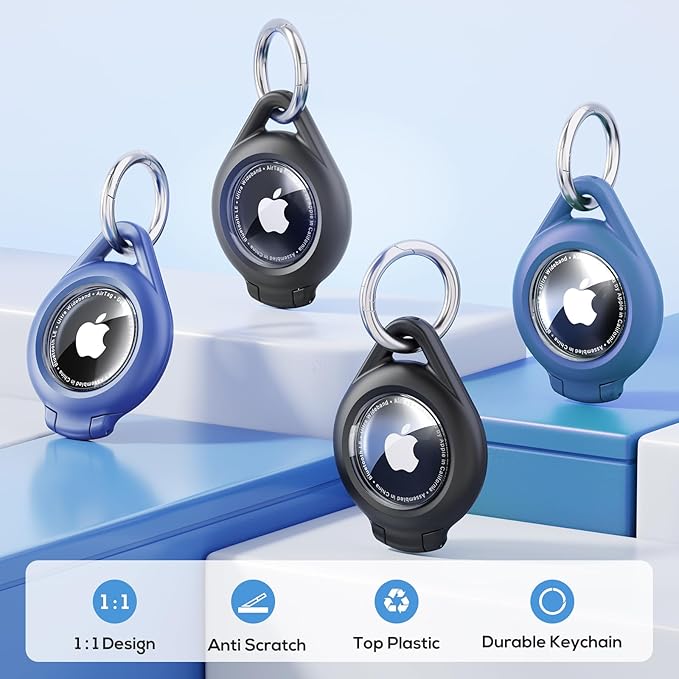 Waterproof Airtag Holder - 4 Pack Airtag Keychain Holder Compatible with Apple AirTags, Ultra Durable Anti-Scratches Protective Case with Keyring for Luggage, Backpack, Pet, Bag, Black/Blue