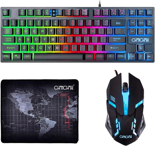 CHONCHOW 87 Keys TKL Gaming Keyboard and Mouse Combo, Wired LED Rainbow Backlit Keyboard 800-3200 DPI RGB Mouse, Gaming for PS4 Xbox PC Laptop Mac