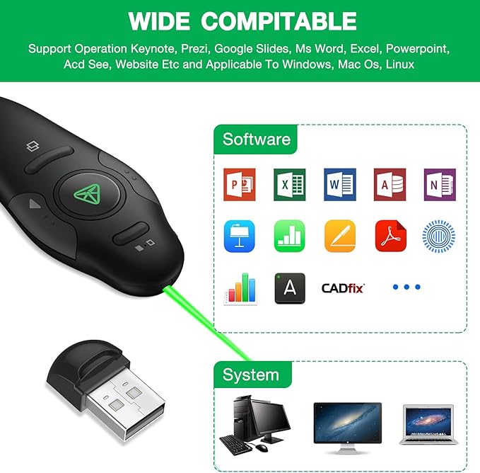 Rechargeable Presentation Clicker Wireless Presenter Remote USB Control Powerpoint PPT Clicker,Green Laser Pointer RF 2.4GHz Presenter Remote Google Slide Advancer for Computer/Laptop/Mac/Keynote