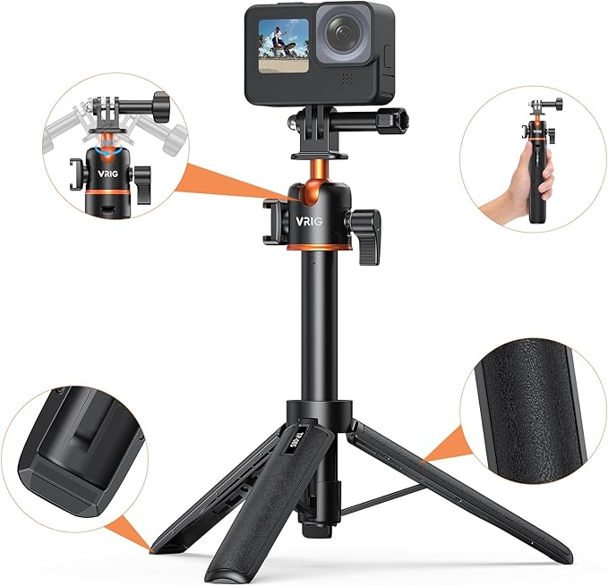 VRIG 21" Extendable Selfie Stick Tripod for GoPro with 360° Ballhead, Portable Vlog Selife Stick Tripod Stand for DJI OSMO Action 5Pro/4/3,GoPro Hero 13 12 11 10 /Insta360 X5/Ace Pro/Pocket3