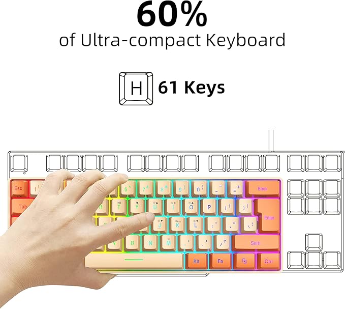 Snpurdiri 60% Wired Gaming Keyboard, RGB Backlit Ultra-Compact Mini Keyboard, Waterproof Mini Compact 61 Keys Keyboard for PC/Mac Gamer, Typist, Travel (Orange and Cream)