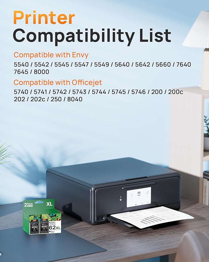 62XL Ink Remanufactured Ink Cartridges for HP 62 Black Ink Cartridge for HP Ink 62 62XL High Yield Use with HP Envy 5540 5640 5660 7644 OfficeJet 5740 5741 8040 200 250 Series Printer (2 Pack Black)