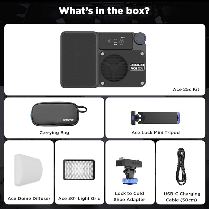 Amaran Ace 25c Kit, Pocket RGBWW LED Light, Boost Mode Up to 32W, Full-Color Mini Video Light (2,300-10,000K), 1,171 Lux@1m at 5,600K, 4500mAh Battery with PD Charging for Mobile Creators (Charcoal)
