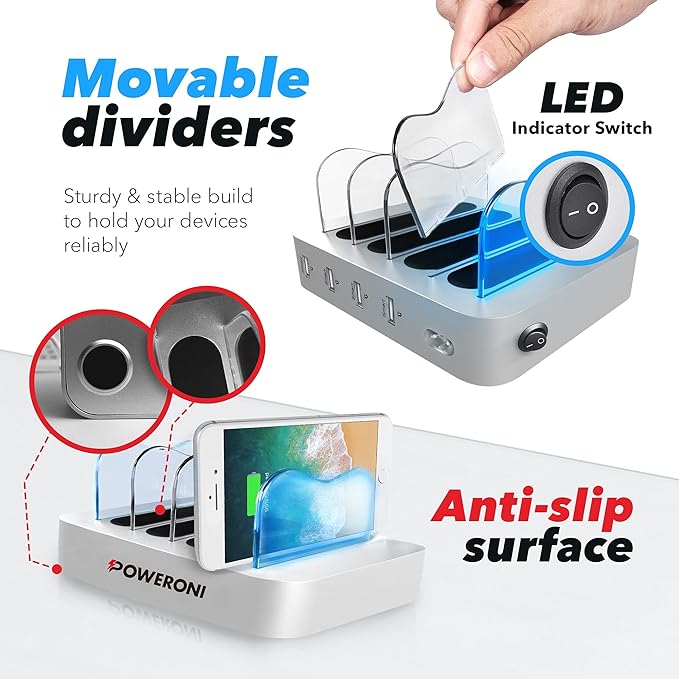 4 Port USB Charging Station - Fast Charging Dock for Multiple Devices Apple - Multi Device Charger Station - Compatible with Apple iPad, iPhone, Android, and Tablet - Charging Rack