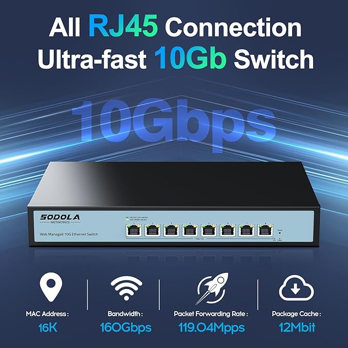 8 Port 10Gb Easy Web Managed Switch, 8 x 10G RJ-45 Ports, 160Gbps Bandwidth, Support LACP, VLAN, QoS, 10G/5G/2.5G/1000M/100M Auto-Negotiation, Multi-Gigabit Managed Ethernet Switch