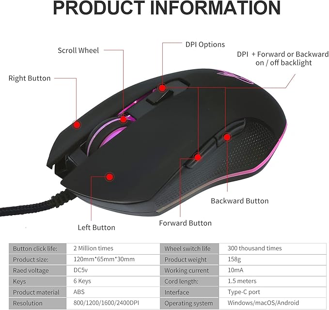Wired USB C Gaming Mouse, Silent RGB Gaming Mice 7 Colors Backlit, 2400 DPI, Type C RGB Wired Mouse Gaming for Office Home PC and Notebook and All Type-C Device (Black)
