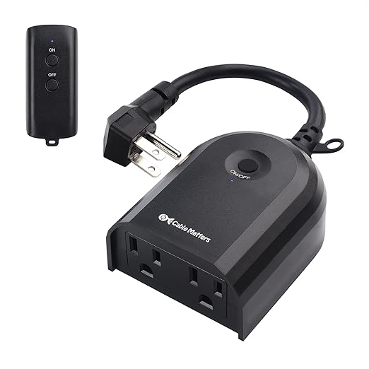 [ETL Listed] Cable Matters Weatherproof Indoor/Outdoor Remote Control Outlet with Dual Outlets & Low Profile Flat Plug - 80 ft Range, Black