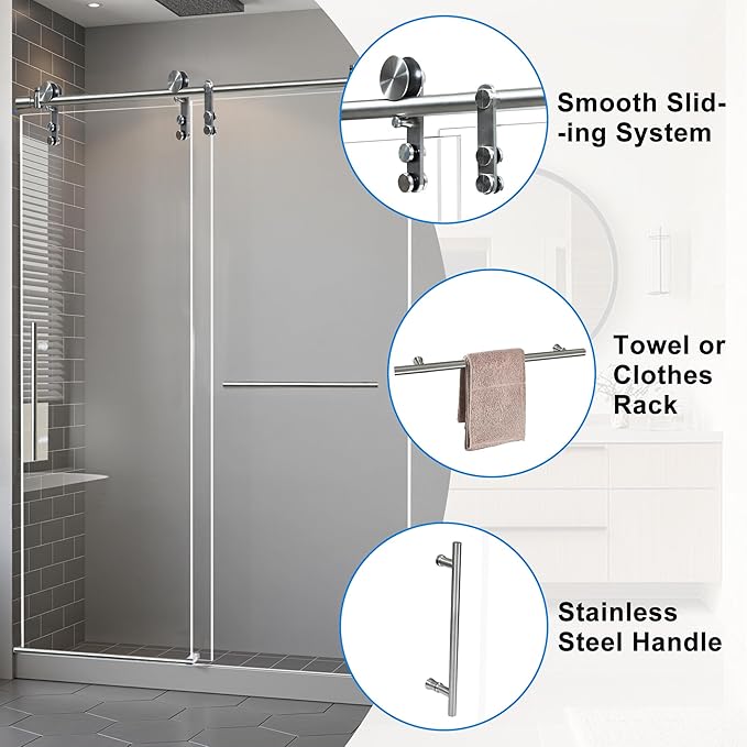 50-54" W x 76" H Frameless Shower Door Bathroom Sliding Shower Door 5/16"(8mm) Thick Tempered Glass Shower Door with Double Stainless Steel Handles for Walk-in Shower, Brushed Silver