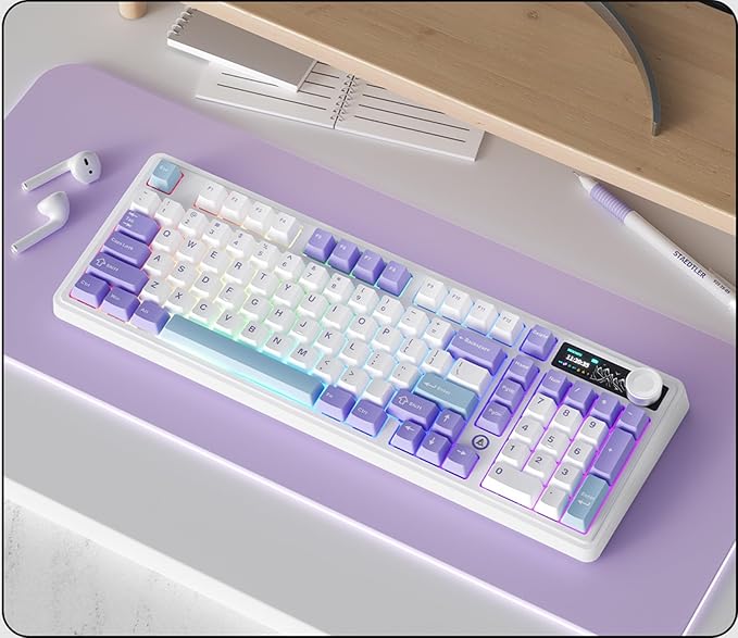 AK980 97Keys Tri-Mode Full Mechanical Keyboard, Gasket-Mounted, Hot-Swappable, 1.14” TFT Smart Display, Bluetooth 5.1/2.4G Wireless/Wired, PBT Keycaps RGB Backlit (Purple, Gift Linear Switch)