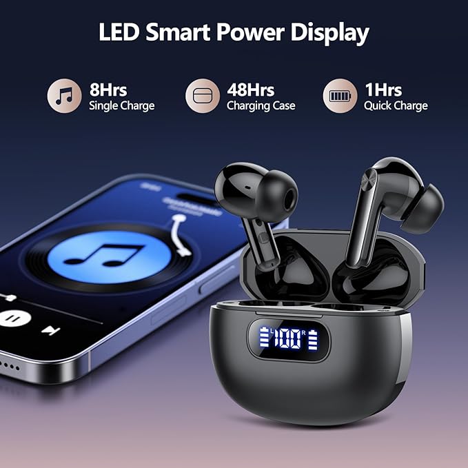 Wireless Earbuds, Bluetooth Earbuds with Bass Stereo Sound, Bluetooth 5.3 Headphones with LED Power Display 48Hours Playtime ENC Noise Cancelling Mic, in Ear Ear Buds IP7 Waterproof for Android iOS
