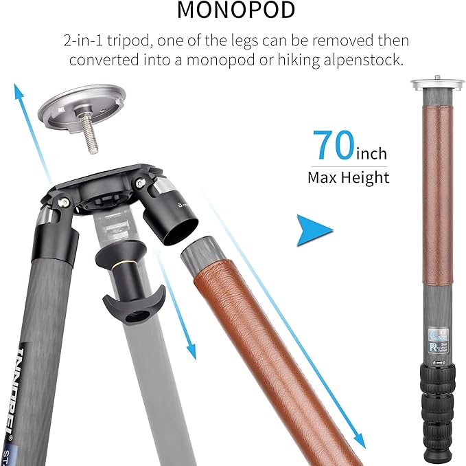 Carbon Fiber Tripod INNOREL ST424C Professional Heavy Duty Camera Stand with 75mm Bowl Adapter 42.4mm Tube, Max Load 92.6lbs/42kg,Max Height 66.9in/170cm for DSLR Camcorder Travel Shooting Bowl Tripod