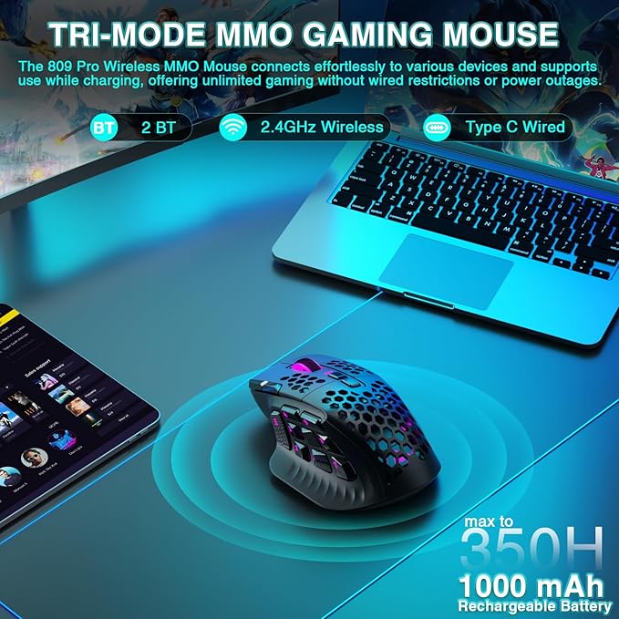 SM809 Pro Wireless MMO Gaming Mouse with 9 Side Buttons,24000 DPI,Triple Connectivity (2.4G/BT5.0/Wired) RGB MMO Mouse for Gamer,16 Programmable Macros,Up to 350H Battery Life,Black