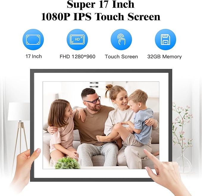 17" Digital Picture Frame Large-Digital-Photo-Frame - 32GB Dual-WiFi Electronic Frame with 1280*960 Touch Screen, Wall Mounted, Auto-Rotate, Share Photos Videos Via App or Email, Birthday Gift for Him