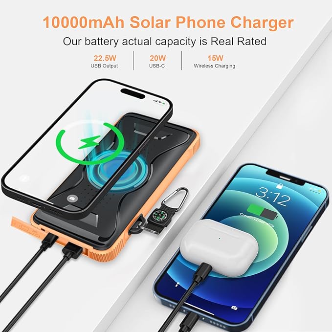 Lekzai Solar Power Bank, Real Rated 10,000mAh Portable Wireless Fast Charger USB-C PD 20W, External Battery Pack with LED Flashlight for Outdoor, Camping -Orange