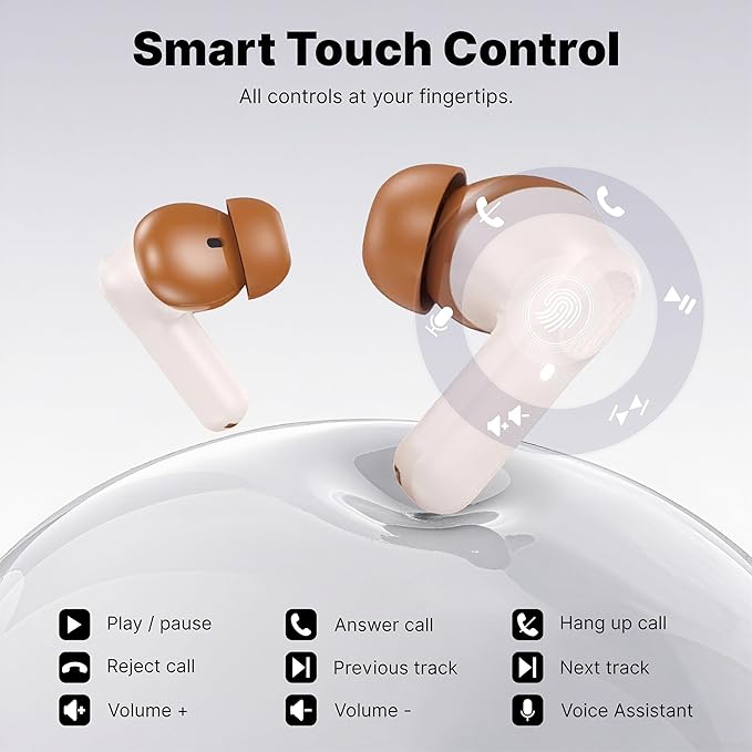 Wireless Earbuds Bluetooth 5.3 Headphones, Lightweight in-Ear Design with Deep Bass, 48HPlaytime, Touch Control, IPX5 Waterproof Earphones for Sports Workout (Beige)