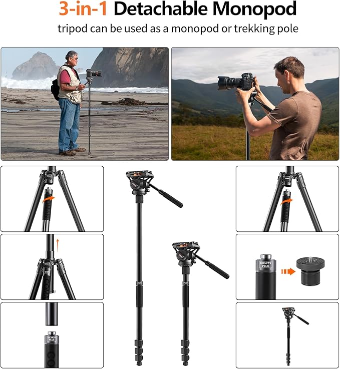 COMAN Fluid Head Tripod for DSLR Camcorder,Camera Monopod Tripod 360° Pan&+90°/-70° Tilt,New Q6 Fluid Head Aluminum Alloy QR Plate Compatible with DJI RS Gimbal Manfrotto Max Load 17.6lb