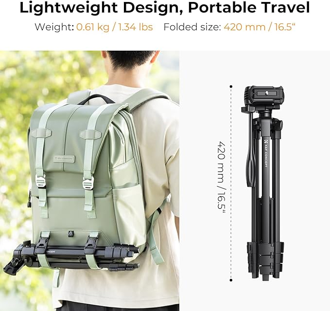K&F CONCEPT 60'' Portable Travel Tripod, 1.34 lbs Ultra Lightweight with Remote and Cellphone Holder, 360° Panorama, Cold Shoe Interface, Portable for Travel - B174A1