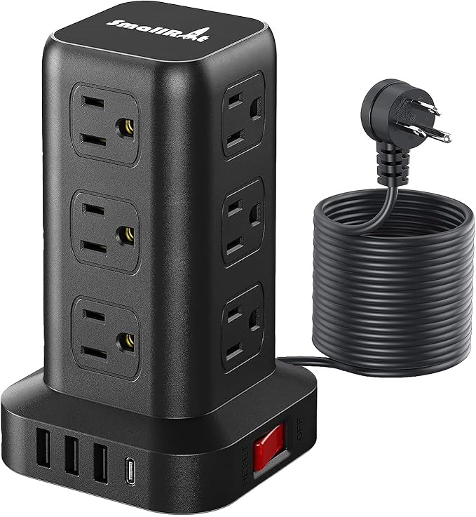 15FT USB C Power Strip Surge Protector Tower, Mini Power Strip Tower Travel 12 AC 4 USB Power Strip with USB Ports, Overload Protection for Home Office