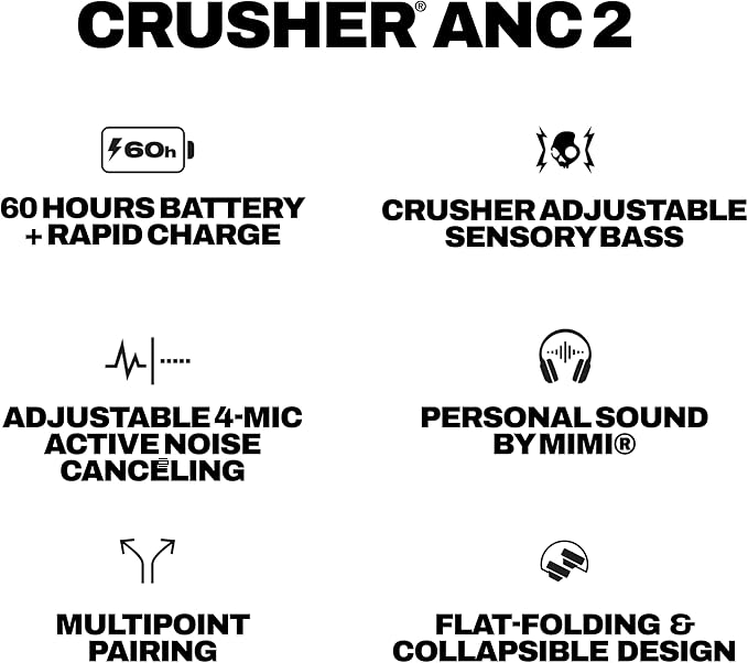 Skullcandy Crusher ANC 2 Wireless Over-Ear Bluetooth Headphones with Multi-Sensory Bass, Active Noise Cancelling, Up to 60 Hours Battery, Microphone for iPhone Android - Preppy Blue