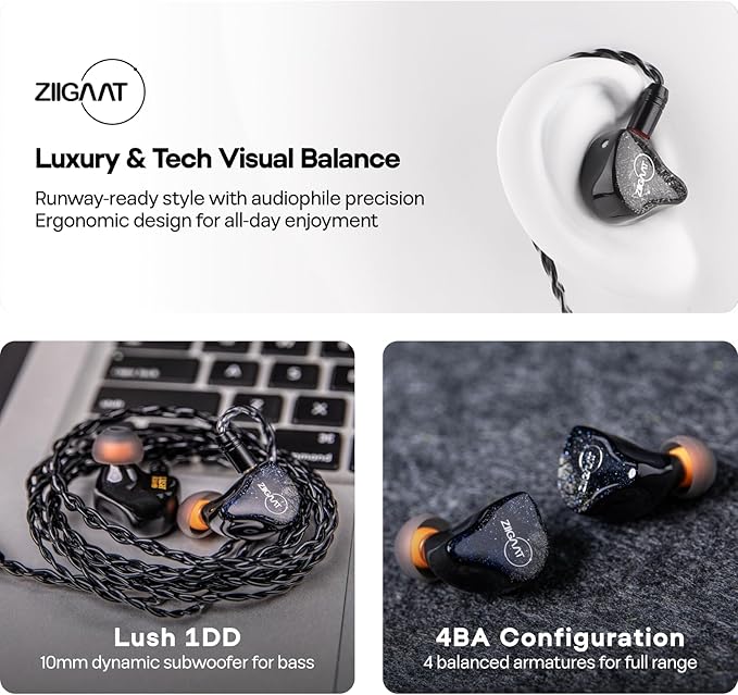 Linsoul ZiiGaat Lush in Ear Monitor, 1DD+4BA Hybrid Earphone IEM, Studio Monitor Tunning Wired Earbuds with Detachable Cable for Professional Music Engineers Audiophiles (Silver Blue)