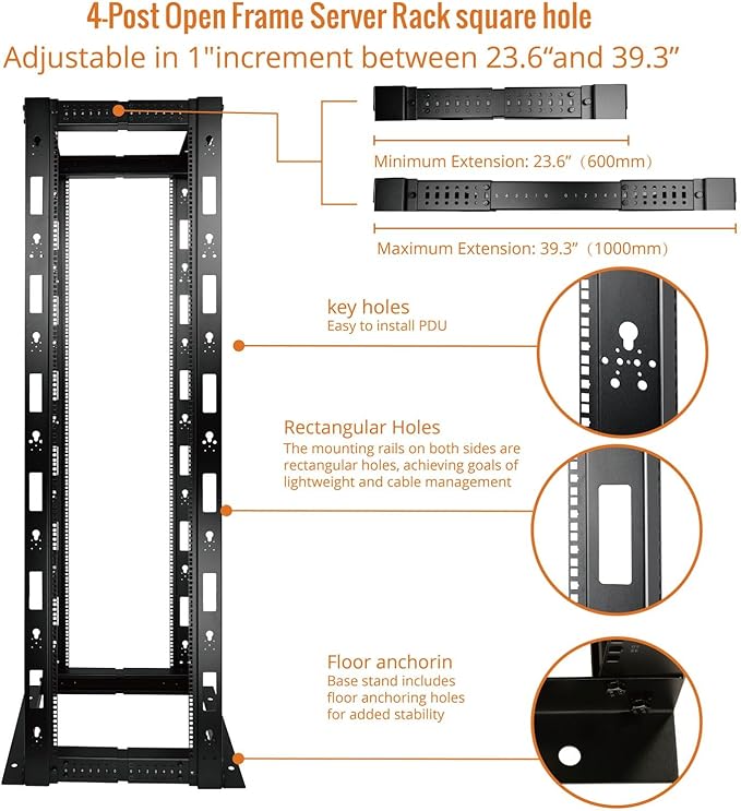 Tecmojo 45U 4-Post Open Frame Server Rack, Adjustable Depth 23.6 inch-39.9 inch – 19" Network, Server, AV, Data & IT Equipment, Telecom & Patch Panel Mount, 3450 lbs Capacity, Black,Square Holes