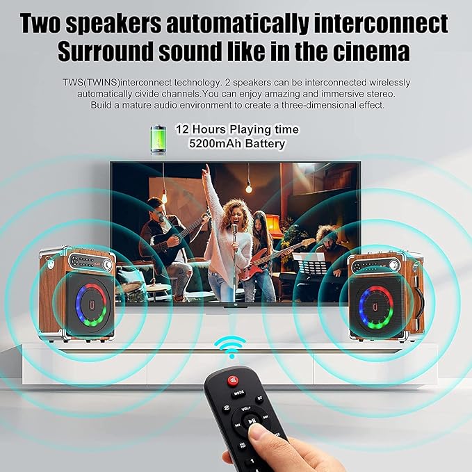 Bluetooth Speaker with Two Wireless Microphones, Outdoor Speaker with Subwoofer/Tweeter, Portable PA Speaker System with Remote Control, Discol Lights, FM, REC for Home, Party