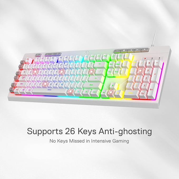 Redragon K512 Shiva RGB Backlit Membrane Gaming Keyboard with Multimedia Keys, Linear Mechanical-Feel Switch, 6 Extra On-Board Macro Keys, Dedicated Media Control, Detachable Wrist Rest, White