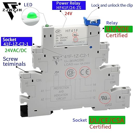 20Pcs Miniature Power Relay DC24V HF41F/24-ZS 1NO 1NC 6A SPDT with LED Indicator with Socket Base 41F-1Z-C2 with DIN Rail UL Certification