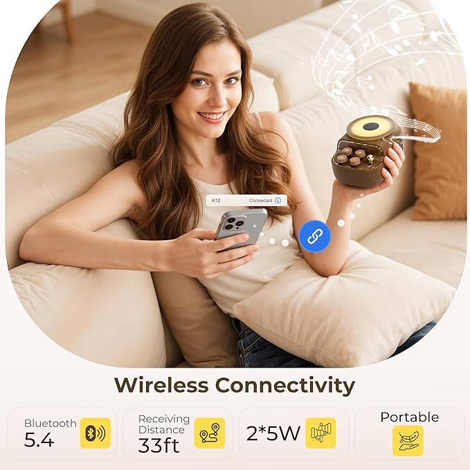 Speakers Bluetooth Wireless, 3 in 1 Protable Cute Speakers with Aromatic Tray, Vintage Record Player Look, Adjustable Ambient Lights for Home Office Decor, Gifts for Mother, Girlfriend, Men