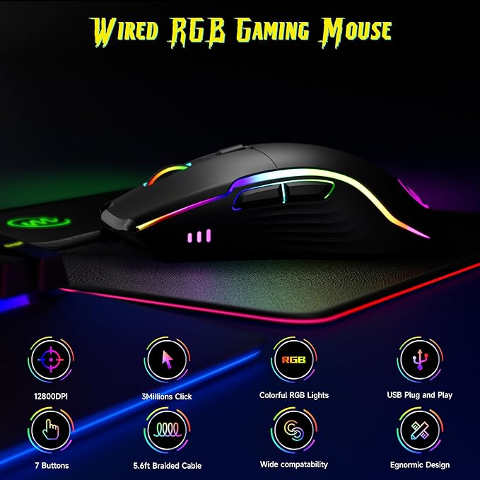 memzuoix Wired Gaming Mouse with RGB - 6 Adjustable DPI up to 12800, 6 Buttons, 12 Lighting Modes, Ergonomic Design with Anti-Slip Rubber Wheel, 5.6ft Braided Cable for PC/Mac/Windows - Black