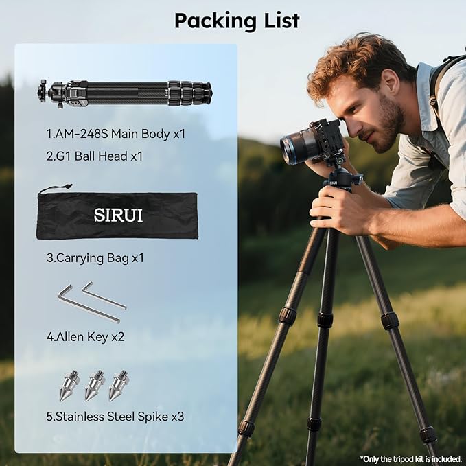 SIRUI Professional Travel Carbon Fiber Tripod 20kg/44lbs Load, Max Tube Dia 29.44mm, Max 128cm/50.4" Height with 43mm Low-Profile Ball Head for DSLR/Mirrorless/Video (AM-284S+G1)