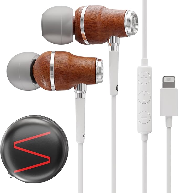 Symphonized iPhone Earphones Wired Deep Bass Sound, 3D Sound, Microphone Volume Control, 90% Noise Cancelling, Bubinga Wooden with Lightning (Apple MFI Certified), iPhone SE to 14 Earbuds (White)