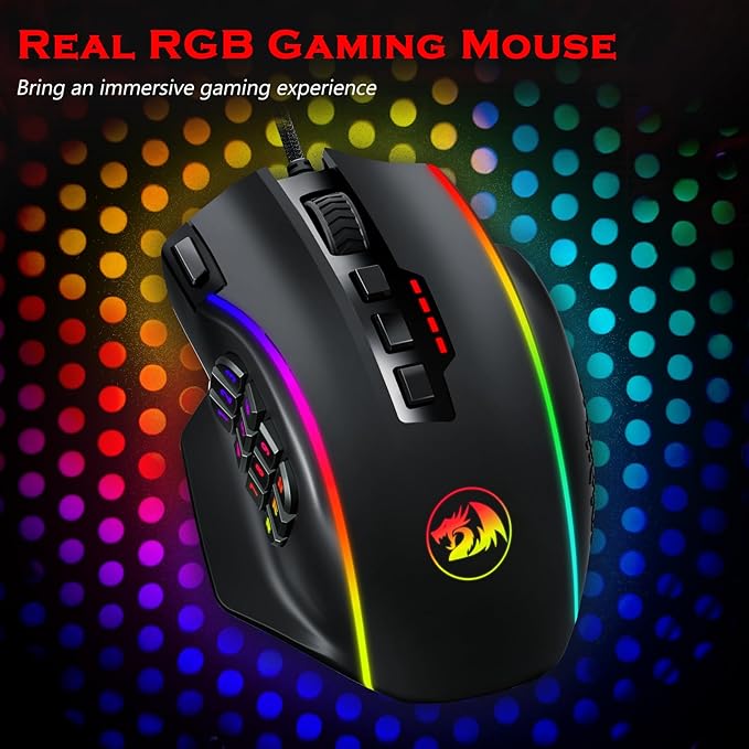 Redragon Gaming Mouse, MMO Mouse Gaming UP 12400 DPI, 19 Macro Programmable Buttons, RGB Mouse with 12 Side Buttons, 8 * 2.4g Weight Tuning for PC Laptop MOBA FPS, M901K, Black