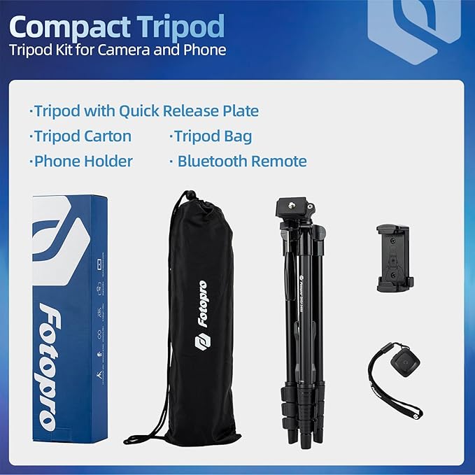 Fotopro 48" Camera Phone Tripod with 3-Way Head Phone Mount Remote Control, Aluminum Lightweight Portable Travel Tripod Stand for Camera Smartphone