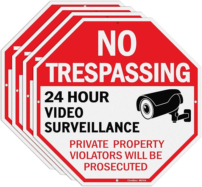 GicnKeuz Video Surveillance Sign, No Trespassing Signs Private Property Sign, 10x10 Inches Reflective Aluminum, Weather Resistant, Waterproof (4 pack)