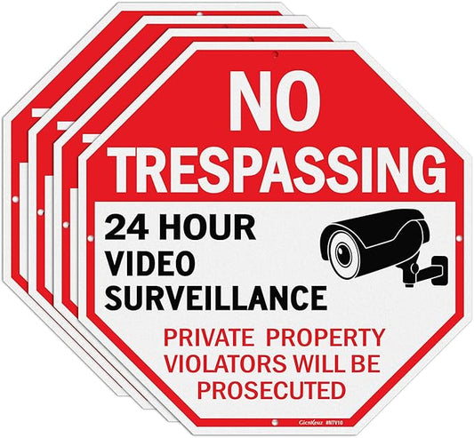 GicnKeuz Video Surveillance Sign, No Trespassing Signs Private Property Sign, 10x10 Inches Reflective Aluminum, Weather Resistant, Waterproof (4 pack)