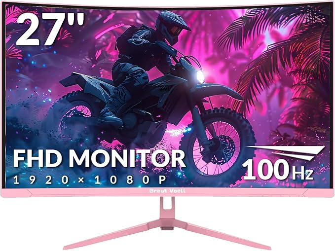 27-Inch Curved Gaming Monitor - 100Hz, FHD (1920x1080), 1ms Response, 1500R VA Panel, AMD FreeSync, Low Blue Light & Flicker-Free, Eye Care, HDMI/DP, VESA 75x75mm - Pink
