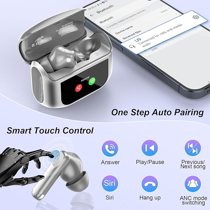 Wireless Earbuds, Bluetooth 5.4 Headphones Multi-Function Touch Screen with 5 EQ Modes, 48H Ear Buds Bass Stereo with ANC Noise Cancelling/Transparency Mode, IPX7 Bluetooth Earbuds, Grey